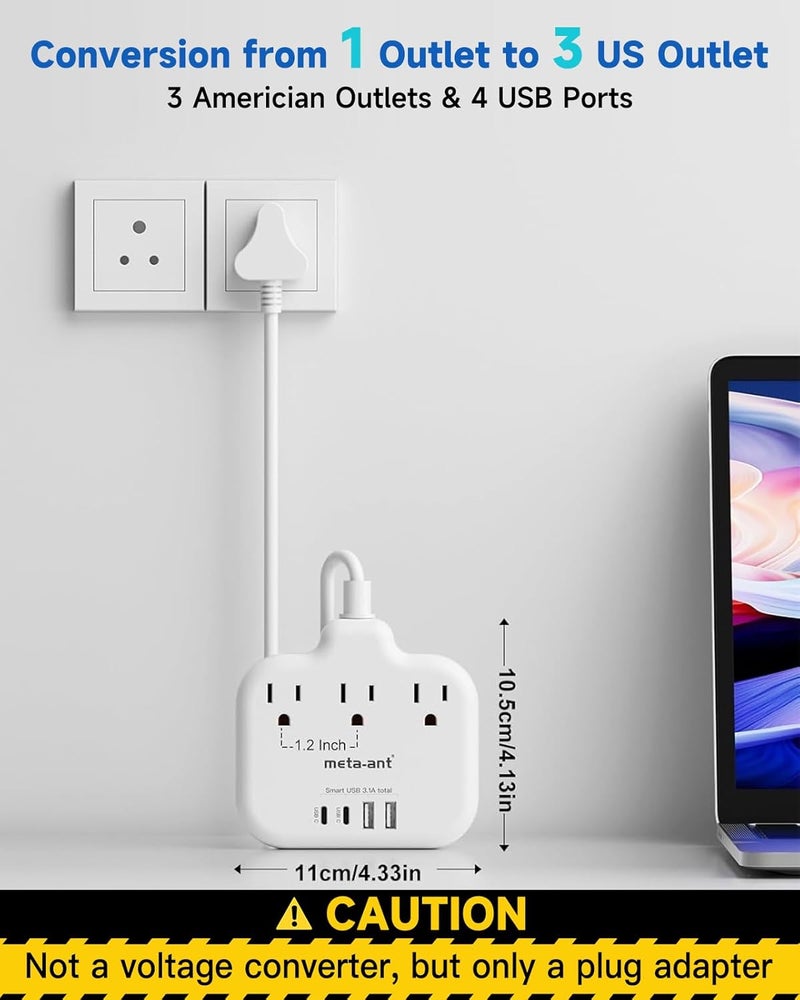 meta-ant South Africa Plug Adapter, Type M Adapter for South Africa with 3 AC Outlets & 4 USB Ports(2 USB C) 15.5W, 3FT Extension Cord, Africa Travel Essentials for USA to South Africa Namibia Nepal Malaysi - Image 3